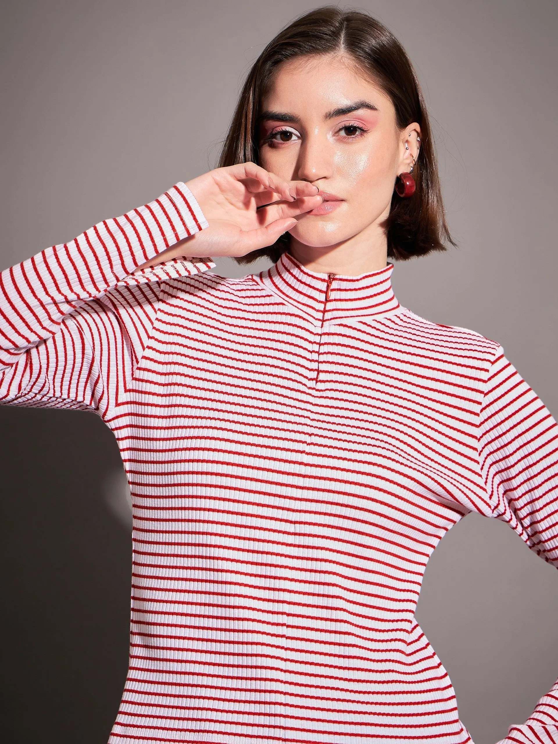 Women Red & White Striped Rib High Neck Front Zipper Top