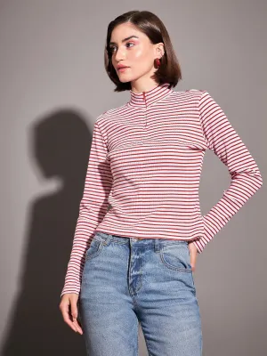 Women Red & White Striped Rib High Neck Front Zipper Top