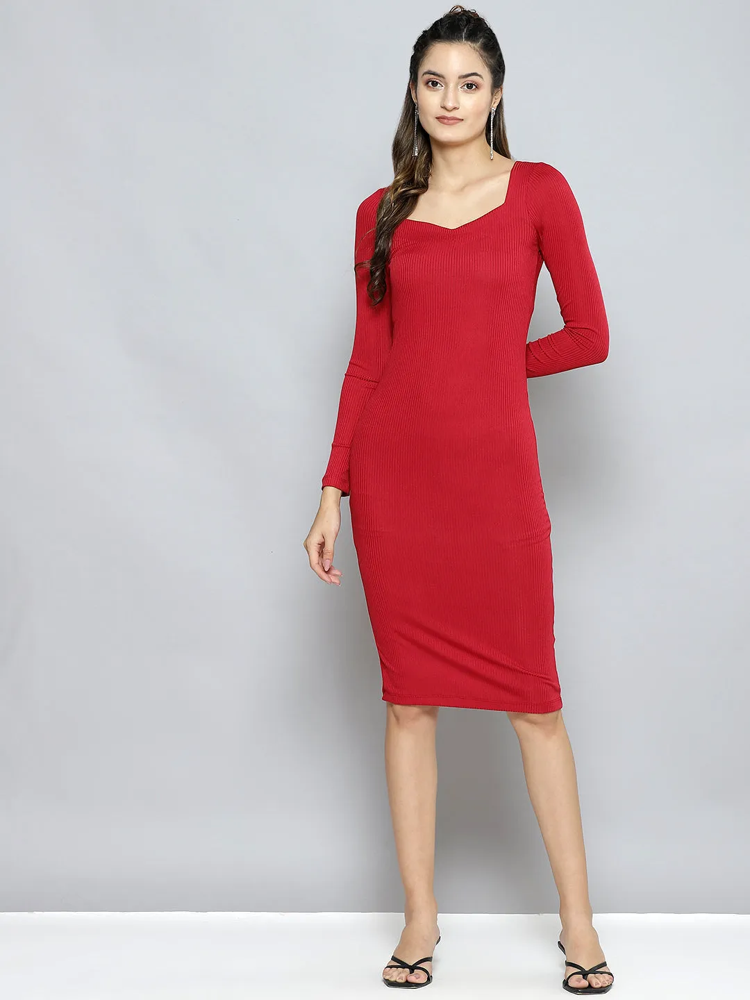 Women Red Rib Sweetheart Neck Bodycon Midi Dress