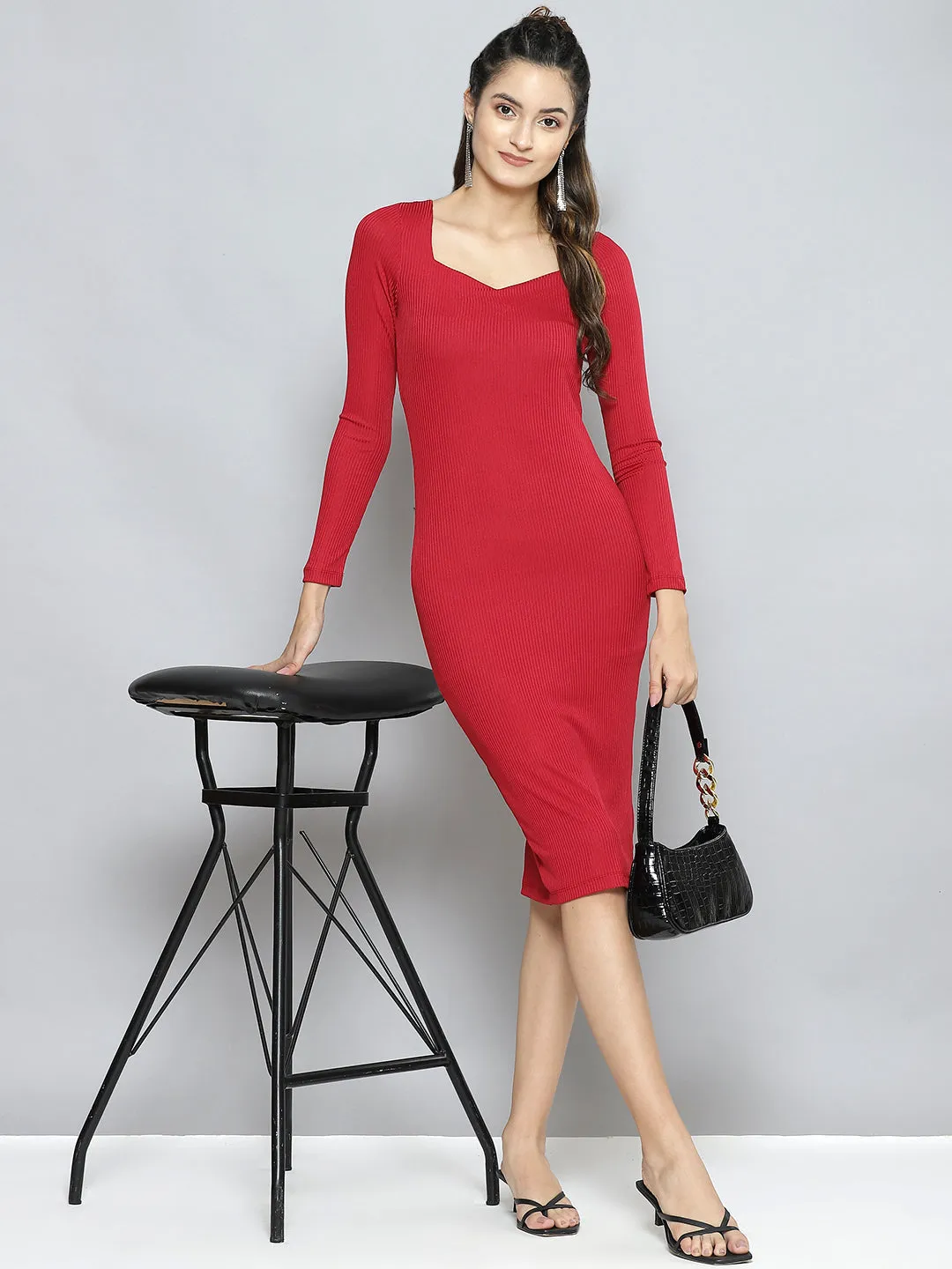 Women Red Rib Sweetheart Neck Bodycon Midi Dress