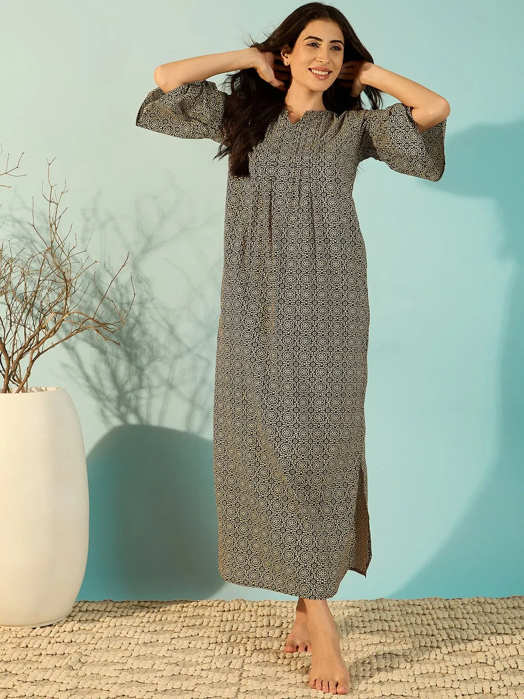 Women Spiral Pattern Black Cotton Chic Nightdress