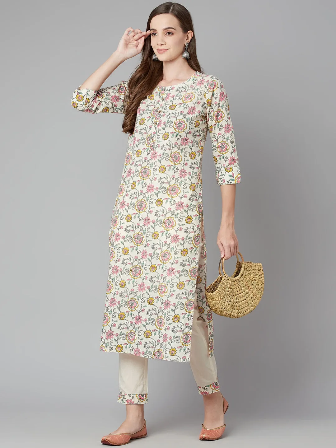 Women'S Cream Floral Printed Cotton Kurta Pant Set