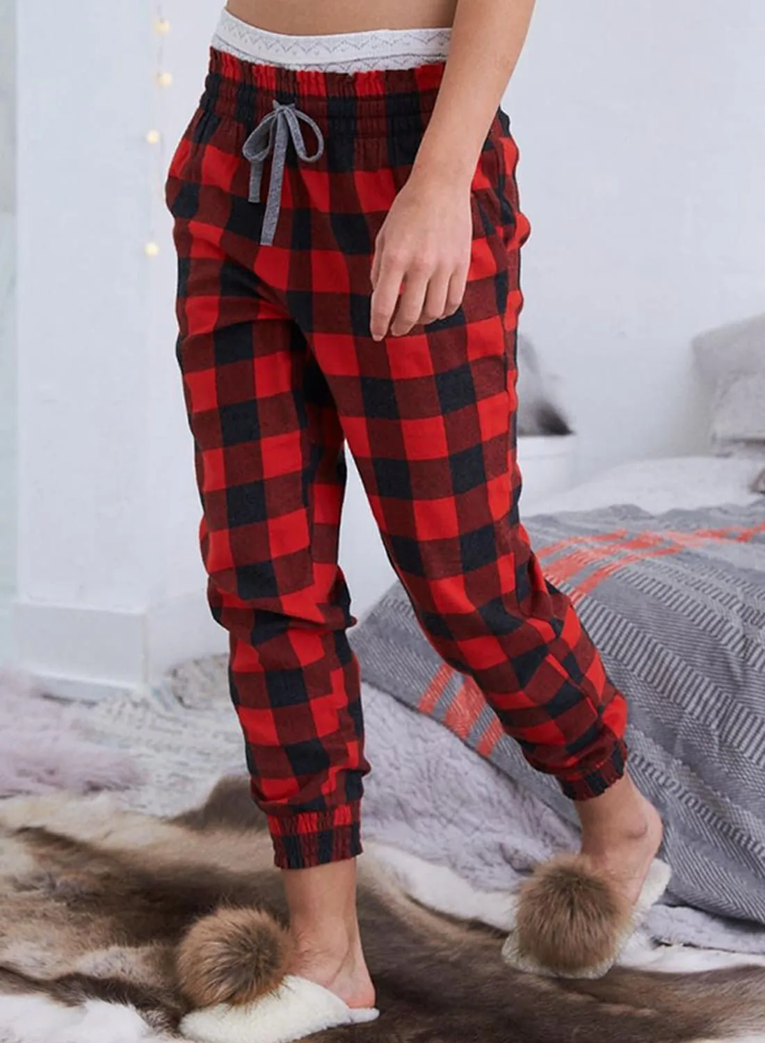 Women's Pants Plaid Mid Waist Ankle-length Pants