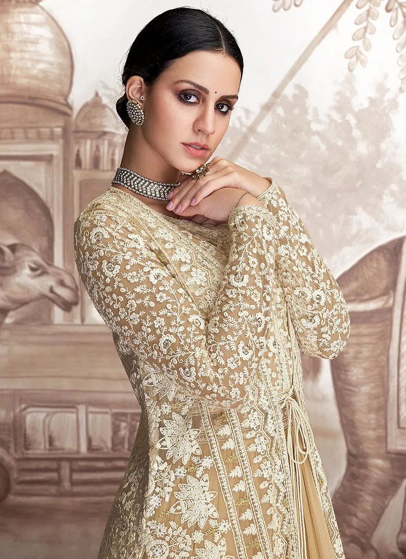 Yellow And Beige Embroidered Jacket Style Anarkali Suit