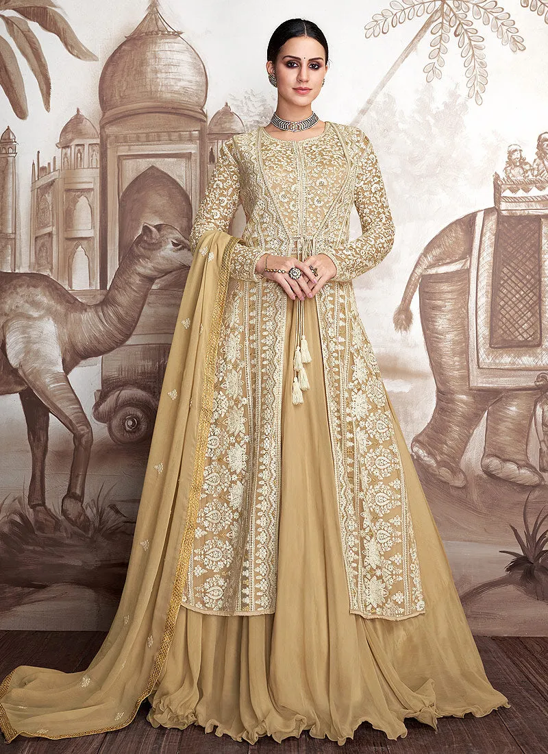 Yellow And Beige Embroidered Jacket Style Anarkali Suit