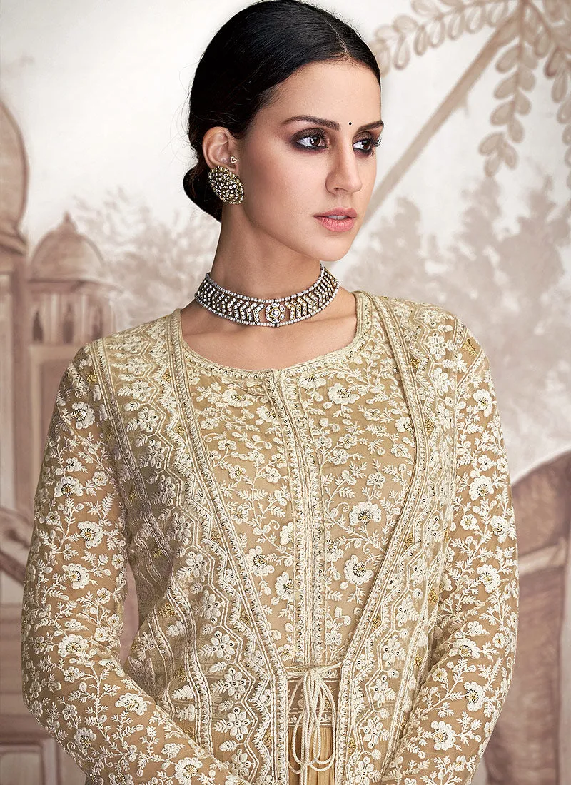 Yellow And Beige Embroidered Jacket Style Anarkali Suit