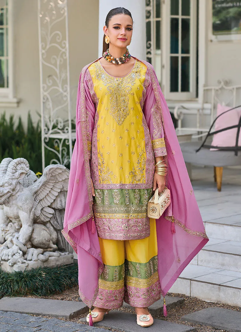 Yellow And Purple Multi Embroidery Pant Suit