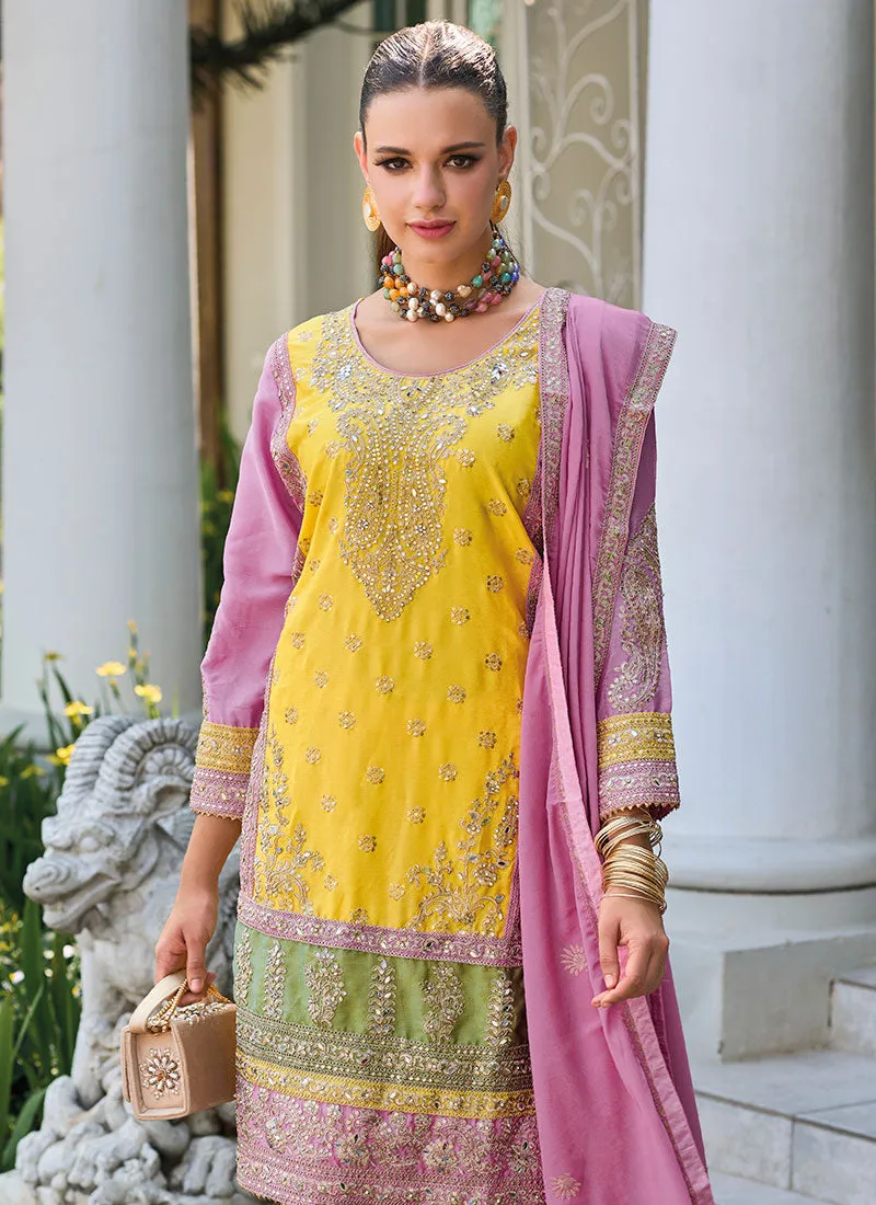 Yellow And Purple Multi Embroidery Pant Suit