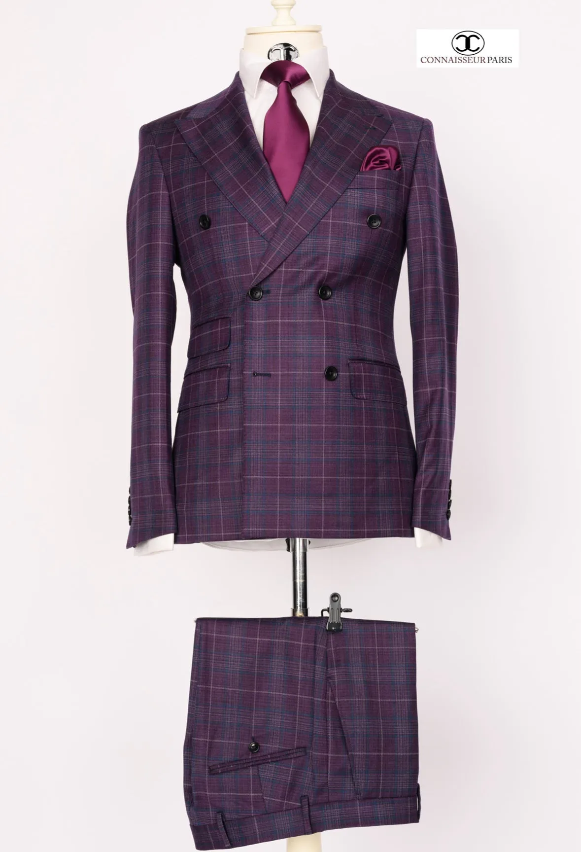 Zignone - Plum purple checkered double breasted 2-piece slim fit suit with wide lapel